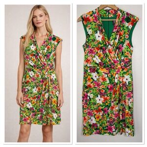 Vince Camuto Floral Cap Sleeve Faux Wrap Mini Dress 12 Green Resortwear Vacation
